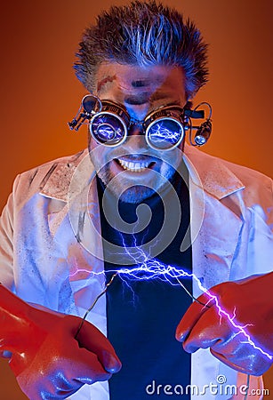 Mad Scientist with Electricity Stock Photo