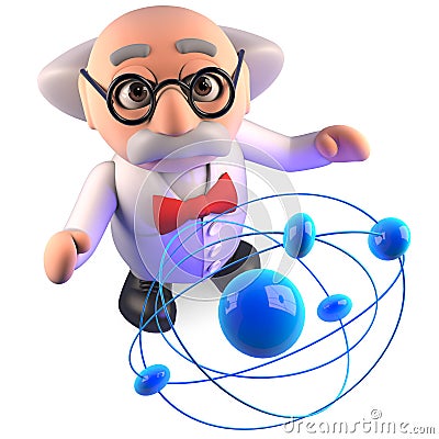 Mad scientist has been studying this atom for years and still doesnt understand it, 3d illustration Cartoon Illustration