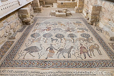 Part of the restored antique mosaic on the floor in Memorial Church of Moses on Mount Nebo near the city of Madaba in Jordan Editorial Stock Photo