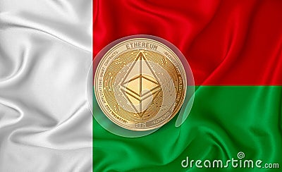 Madagascar flag ethereum gold coin on flag background. The concept of blockchain bitcoin currency decentralization in the Editorial Stock Photo