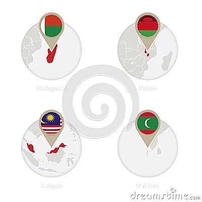 Madagascar, Malawi, Malaysia, Maldives map and flag in circle Vector Illustration
