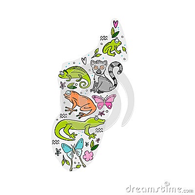 Madagascar map with animals of Madagascar drawn on it Vector Illustration