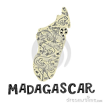 Madagascar map with doodle animal and Madagascar handlettering word. Vector Illustration