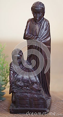 Madagascar Nativity statues with dark wood inlaid Stock Photo