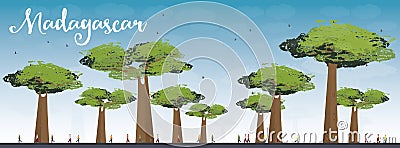 Madagascar skyline silhouette with baobabs with green foliage Cartoon Illustration