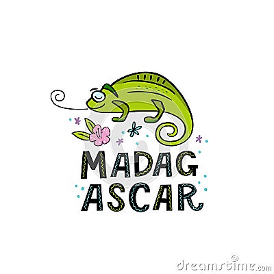 Madagscar hand written word with funny chameleon Vector Illustration