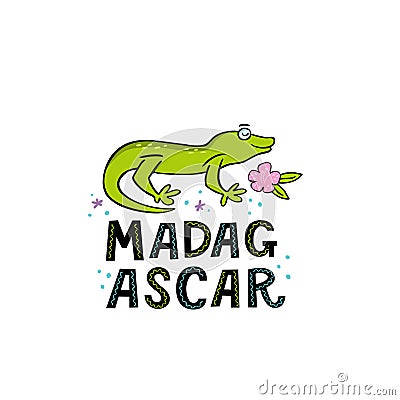 Madagscar hand written word with funny gekko Vector Illustration