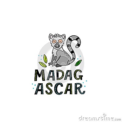 Madagscar hand written word with funny lemur Vector Illustration