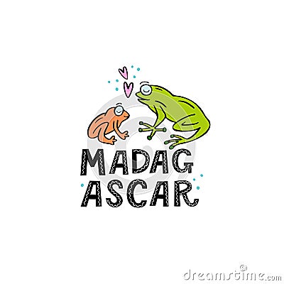 Madagscar hand written word with two funny frogs Vector Illustration