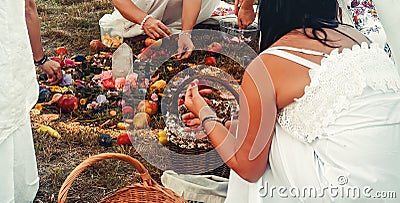 Madala with flowers and fruits, spiritual ceremony of earth. Stock Photo