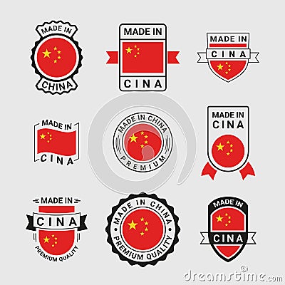 Made in China badge national flag brand certified commercial quality guarantee label set line vector Vector Illustration