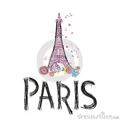 Made of colorful flowers Eiffel tower. Paris text with hand drawn. Greeting card Vector Illustration