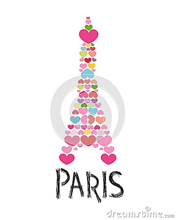 Made of colorful heart Eiffel tower. Paris text with hand drawn. Greeting card Stock Photo