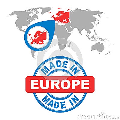 Made in Europe stamp. World map with red country. Vector emblem Vector Illustration