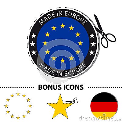 Made In Europe Sticker With Scissor And Cut Line - Vector Illustration With Bonus Icons - Isolated On White Stock Photo