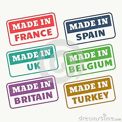 Made in france, spain, uk, belgium, britain and turky stamps set Vector Illustration