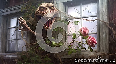 Scary creature and rose shrub in front of an old wooden house, Stock Photo