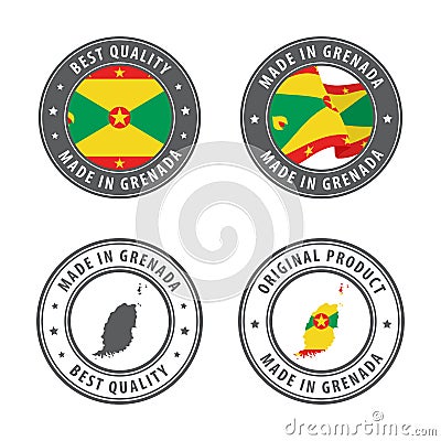 Made in Grenada - set of labels, stamps, badges, with the Grenada map and flag. Best quality. Original product. Vector Illustration