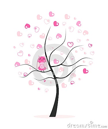 Made of hearts tree with owl vector background Vector Illustration