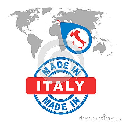 Made in Italy stamp. World map with red country. Vector Illustration