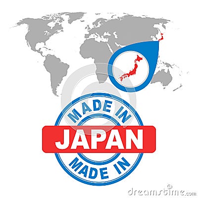 Made in Japan stamp. World map with red country. Vector Illustration