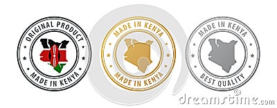 Made in Kenya - set of stamps with map and flag. Best quality. Original product. Vector Illustration