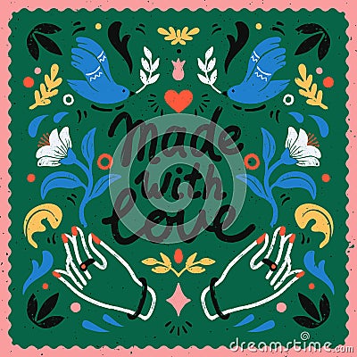 Made with love symmetric vector composition - vintage elements in stamp style on green backgtound. Vintage vector Vector Illustration