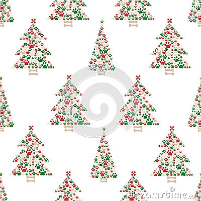 Made of paw print Christmas tree. Christmas and Happy new year seamless fabric design Vector Illustration