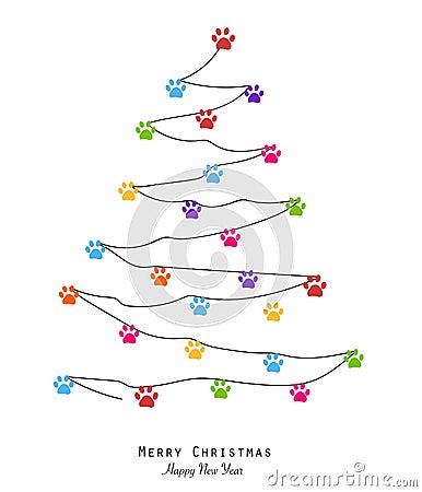 Made of paw print merry christmas tree with colorful paw print. Christmas pine tree. Merry christmas and happy new year greeting c Vector Illustration