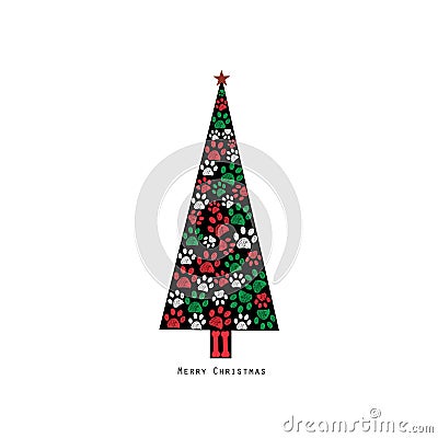 Made of paw prints green Christmas tree. Happy new year greeting card Vector Illustration
