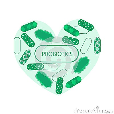 Made of Probiotic symbol heart and medical illustration of the intestinal bacterial flora Vector Illustration