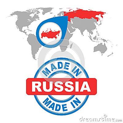Made in Russia stamp. World map with red country. Vector Illustration