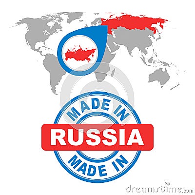 Made in Russia stamp. World map with red country. Vector emblem Vector Illustration