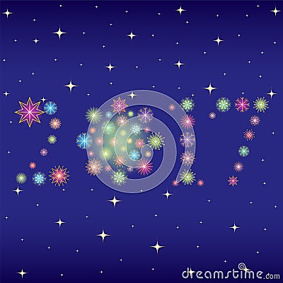 2017 made of snowflakes. Hand Drawn Colorful Shinning Snowflakes arranged in shape of 2017 on Dark Blue Sky with Golden Stars Vector Illustration