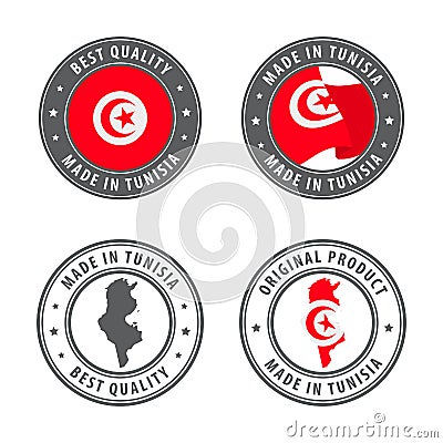 Made in Tunisia - set of labels, stamps, badges, with the Tunisia map and flag. Best quality. Original product. Vector Illustration