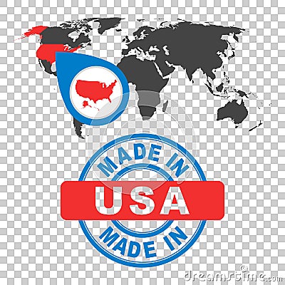 Made in USA, America stamp. World map with red country. Vector e Vector Illustration