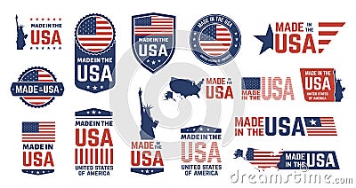 Made in USA badges. Patriot proud label stamp, American flag and national symbols, united states of America patriotic Vector Illustration