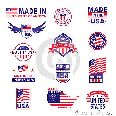 Made in usa. Flag made america american states flags product badge quality patriotic labels emblem star ribbon sticker Vector Illustration