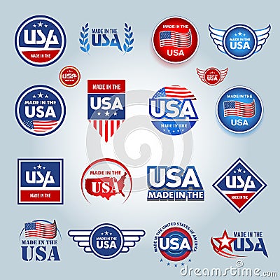 Made in the USA icons. American made. Set of vector icons, stamps, seals, banners, labels, logos, badges. Vector illustration. Vector Illustration