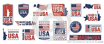Made in USA label. American flag emblem, patriot proud nation labels icon and united states label stamps vector isolated Vector Illustration