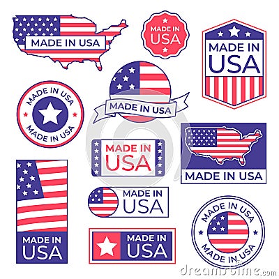 Made in USA label. American flag proud stamp, made for usa labels icon and manufacturing in America stocker isolated Vector Illustration