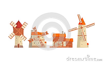 Made of Wood and Stone Mill Vector Set Vector Illustration