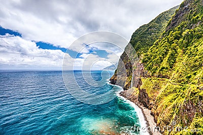 Madeira Wild Coast with Waterfall view from Veu da Noiva Viewpoint Stock Photo