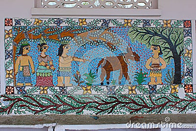 Madhubani painting or Mithila paintings on wall of Mithila University, Darbhanga, Bihar, India. Stock Photo