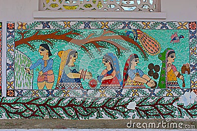 Madhubani painting or Mithila paintings on wall of Mithila University, Darbhanga, Bihar, India. Stock Photo
