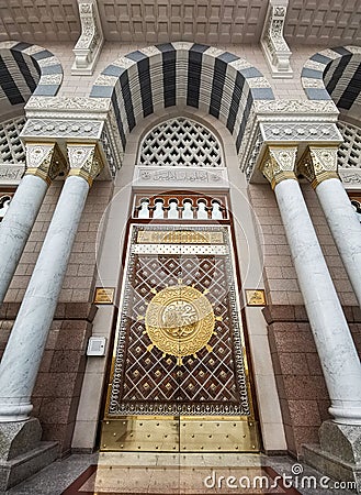 View of entrance door to the Prophet Muhammad Mosque or An- Nabawi mosque in Madinah Editorial Stock Photo