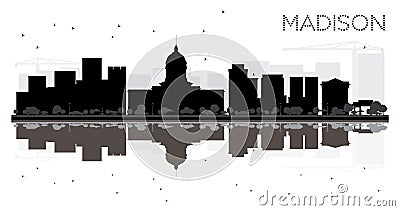 Madison City skyline black and white silhouette with reflections Cartoon Illustration