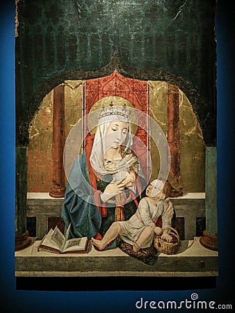 Madonna and child. Tempera and gold on wood by anonymous painter called Master of Saints Severinus and Sossius, 15th century Editorial Stock Photo