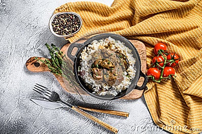 Madras beef with basmati rice, Indian food. White background. Top view Stock Photo