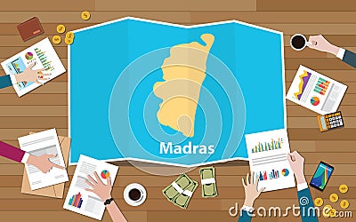 Madras chennai india city region economy growth with team discuss on fold maps view from top Cartoon Illustration